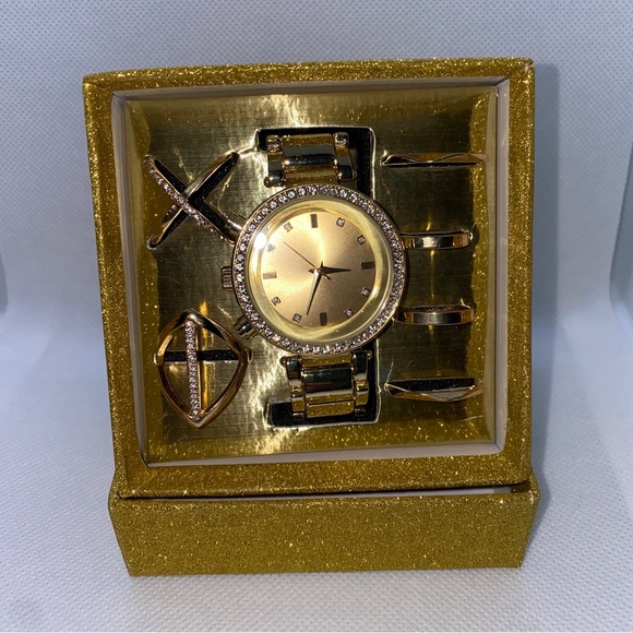 GOLD WATCH RING SET GIFT BOX MIDI RINGS BEAUTIFUL Women's Present Mother WIFE - Picture 8 of 9